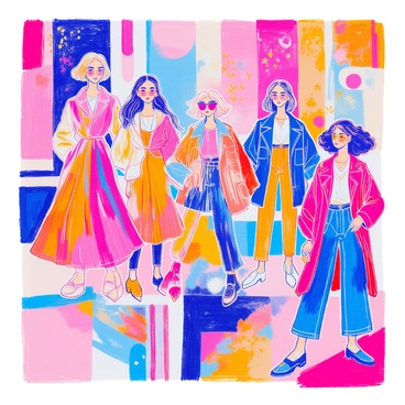 A colorful collage features several fashion illustrations showcasing diverse outfits. Each illustration includes a unique model with distinct hairstyles and poses. The clothing designs vary, including dresses, jackets, and accessories, all rendered in vibrant hues. The collage incorporates various textures, such as smooth silk, rough denim, and knitted fabrics. The background is filled with abstract shapes and patterns that complement the fashion illustrations, creating a dynamic and visually engaging composition.