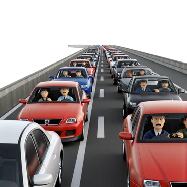 A long line of cars in various colors, including red, blue, and black, is stuck in heavy traffic on a wide highway. The vehicles are closely packed together, with the front bumpers almost touching the rear of the cars in front of them. Frustrated drivers can be seen in the front seats, some with their hands on their steering wheels, frowning, while others display expressions of annoyance or impatience. The sky above is overcast, and the concrete barriers along the highway are visible in the background.