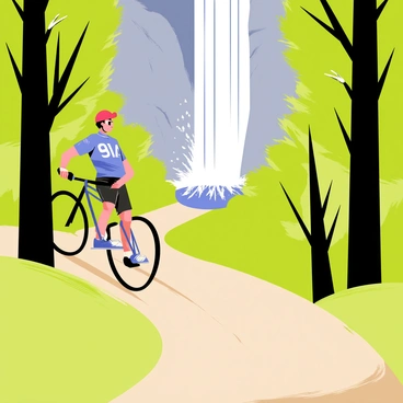 A mountain biker with a red helmet and blue jersey is riding along a narrow dirt path through a dense forest. Tall green trees surround the path, their leaves creating a dappled light effect on the ground. In the distance, a sparkling waterfall cascades down rocky cliffs, surrounded by lush vegetation. The biker glances to the side with a look of excitement as he approaches the waterfall, with splashes of water glimmering in the sunlight. A small pool forms at the base of the waterfall, reflecting the surrounding greenery.