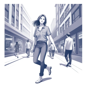 A young woman is walking confidently down a bustling city street. She is wearing a denim blouse that fits comfortably and is styled casually. Her hair is flowing freely, and she carries a handbag over her shoulder. Surrounding her are various pedestrians walking in different directions, and there are tall buildings lining the street, creating an urban atmosphere. Some storefronts are visible, featuring shop signs and displays. The scene captures the energy and activity of a vibrant city environment.