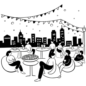 A rooftop setting overlooking a city skyline, with a collection of tables adorned with white tablecloths and decorative centerpieces. Strings of bunting are fluttering in the wind, hanging from the edges of the rooftop. Guests are mingling and enjoying drinks, with some sitting on lounge furniture. A large platter of appetizers is placed on a small table, and fairy lights are illuminating the area, creating a festive atmosphere.