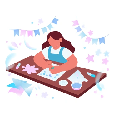 A school girl is sitting at a wooden table in a craft class, surrounded by colorful sheets of paper and various containers of glitter. She is focused on cutting shapes out of the paper and carefully applying glue to create festive decorations. Scattered around her are completed crafts, such as paper snowflakes and stars, along with some unused craft supplies in vibrant shades. Brightly colored banners and ribbons hang in the background, adding a cheerful atmosphere to the setting.
