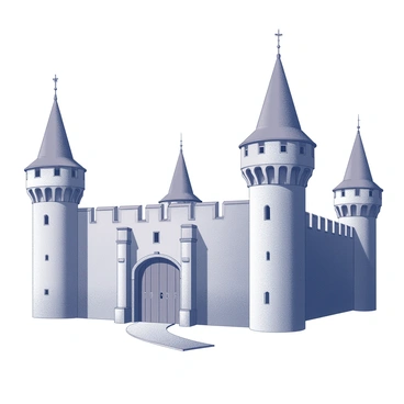A medieval fortress with high, sturdy stone walls and several prominent turrets. The fortress features battlements atop the walls, providing a defensive appearance. Each turret is topped with a conical roof and has narrow windows for lookout purposes. The structure is set against a clear sky, showcasing its grandeur and historical significance. A pathway leads to the main entrance, which is framed by a large wooden gate.