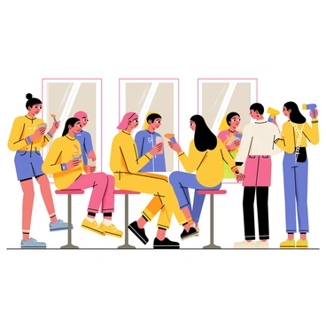 A group of models is preparing backstage in a brightly lit dressing room. Some models are sitting on tall stools, while makeup artists apply colorful makeup to their faces, using brushes and palettes. Other models stand in front of mirrors, with hairstylists curling and styling their hair. The atmosphere is busy and vibrant, with hairdryers in use and mirrors reflecting the excitement. Clothing racks filled with various outfits are visible in the background, adding to the pre-show hustle.