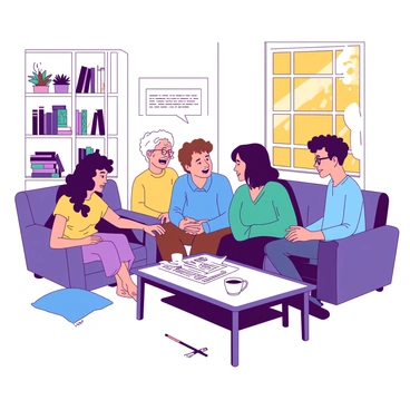 A group of diverse neighbors is sitting in a cozy living room, engaged in a lively discussion about the latest local news. There are five individuals, each with distinct features: a middle-aged woman with short brown hair and glasses is animatedly speaking, while a man in a blue shirt leans forward, listening intently. A young couple, one wearing a teal sweater and the other with long, curly hair, shares amused expressions as they exchange thoughts. In the background, a white bookshelf filled with books and potted plants adds to the homey atmosphere, while a large window lets in warm sunlight, illuminating the room. A coffee table in the center holds mugs and a newspaper, further emphasizing the topic of conversation.