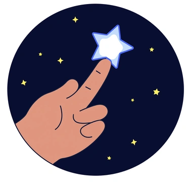 A human finger is extended towards a small, bright star in a dark space background. The star has a glowing white center surrounded by a light blue halo. The finger is detailed, with subtle skin textures visible, and the background features scattered stars in various sizes, creating a sense of depth and distance. There is a gentle contrast between the earthy tones of the finger and the vibrant illumination of the star.