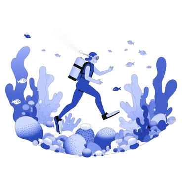 A scuba diver is underwater, exploring a coral reef. The diver is wearing a wetsuit, fins, and a scuba tank on the back. The diver is positioned among various coral formations, which have intricate textures and shapes. Surrounding the diver, there are numerous fish in different sizes and shapes, swimming around the coral. Some fish are close to the diver, while others are further away, creating a sense of depth in the scene. The light filters through the water, illuminating the coral and the diver.