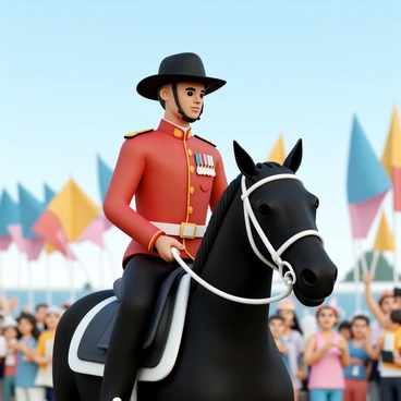 A Royal Canadian Mounted Police officer, wearing a traditional red serge uniform with a wide-brimmed Stetson hat, sits confidently on a majestic black horse. The officer holds the reins firmly, with a polished badge gleaming on their chest. The horse is adorned with a saddle and bridle, reflecting the parade's grandeur. In the background, colorful flags wave, and a crowd of spectators cheers, some waving their hands in excitement. The bright blue sky adds to the festive atmosphere of the parade.