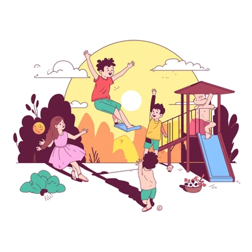 A group of children are playing joyfully in a playground during golden hour. The sun is low in the sky, casting a warm glow that creates a halo effect around the children. One child, wearing a red shirt, is swinging high on a blue swing, while another child in a pink dress is climbing a yellow jungle gym. A boy with teal shorts is tossing a ball to his friend. The scene is filled with laughter and energy, with the light illuminating the vibrant colors of their clothing.