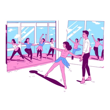 A group of students is practicing choreography in a bright studio filled with large mirrors reflecting their movements. Each student is wearing colorful dance attire, including a mix of pink and blue leggings and tops. The floor reflects the light streaming in from the large windows, enhancing the vibrant atmosphere. The students are in various poses, some stretching while others are mid-dance move, showcasing their focus and dedication. A dance instructor is positioned in front of them, demonstrating the steps with a confident expression.