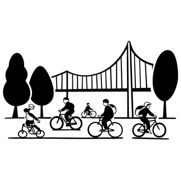 A group of cyclists riding along a bike path, showcasing a variety of bicycles and riding styles. The bike path is lined with trees on one side, and the iconic "Brooklyn Bridge" is visible in the background, with its distinct cables and arches. Some cyclists are wearing helmets and others have backpacks. The scene captures a sense of movement as the cyclists pedal forward, with their shadows cast onto the path.
