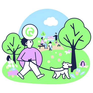 A colon character is standing in a lively park, holding a leash attached to a small dog. The colon character is depicted as two connected circles, with the top circle being slightly larger than the bottom. The small dog has a wagging tail and appears excited, trotting alongside the colon character. Around them, there are various trees with leafy canopies and colorful flowers blooming in the grass. In the background, people are enjoying the park, with some sitting on benches and others walking along paths. A clear blue sky is overhead, creating a cheerful atmosphere.