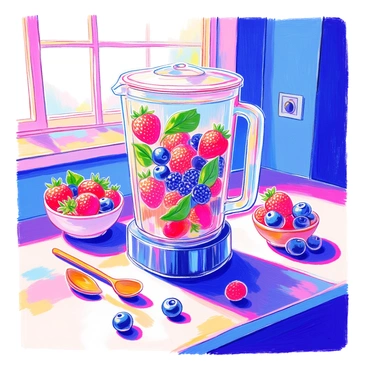 A blender is placed on a kitchen counter. Inside the blender, there is a vibrant mixture of fresh red strawberries, blueberries, and blackberries, along with bright green spinach leaves. The blender's transparent container allows a clear view of the colorful ingredients. The countertop is adorned with a small bowl filled with whole berries, and a wooden spoon rests nearby. A small kitchen window lets in natural light, illuminating the scene.