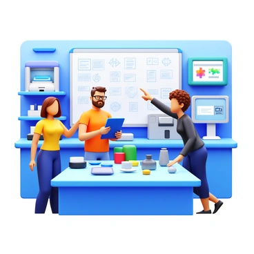 A group of three innovators collaborating in a high-tech lab. One innovator, a woman with short hair, is holding a tablet displaying digital designs. Another innovator, a man with glasses, is leaning over a table covered with various prototypes. The third innovator, a woman with curly hair, is pointing at a large whiteboard filled with design sketches and notes. The background features advanced equipment, such as 3D printers and computer screens displaying technical data. The atmosphere is focused and energetic, showcasing the spirit of innovation.