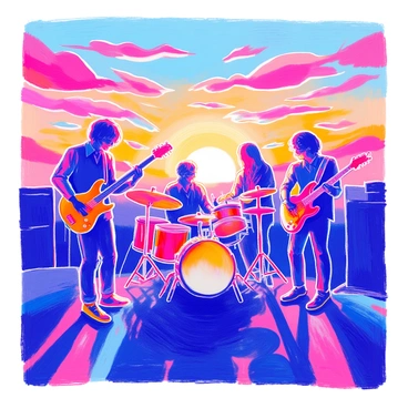 A group of band members is positioned in a performing stance, creating a striking silhouette. The band consists of a guitarist, a drummer, a bassist, and a vocalist, each with their instruments held high. The vibrant sunset backdrop features a gradient of oranges, pinks, and purples blending seamlessly into the sky. The sun is low on the horizon, casting warm hues throughout the scene. The silhouettes of the band members stand out prominently against the colorful sky, capturing the energy of the performance.