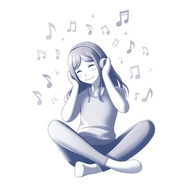 A girl sitting comfortably, wearing headphones over her ears. She has long hair cascading down her shoulders, with a relaxed expression on her face as she enjoys the music. Around her, various musical notes and doodles float in the air, creating a lively atmosphere. The notes vary in size and style, some resembling quarter notes and eighth notes, while the doodles encompass whimsical shapes and patterns, enhancing the overall visual interest. The background is simple, allowing the focus to remain on the girl and the surrounding elements.