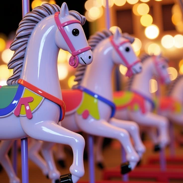 A close-up of intricately designed carousel horses with colorful saddles and elaborately carved manes. The horses are positioned in a row, each one poised in an upward galloping pose. Surrounding them are vibrant lights in various colors, creating a dazzling effect. The amusement park atmosphere is enhanced by blurred backgrounds of glowing rides and attractions. The scene captures the joyful essence and excitement of a carnival setting.