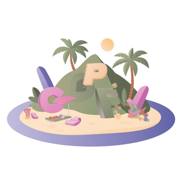 A digital flat illustration depicting a vibrant island paradise. The scene features a lush, green island surrounded by clear blue waters. In the foreground, there are sandy beaches with golden sand, dotted with colorful beach towels and umbrellas. Tall palm trees extend towards the sky, their leaves rustling gently in the breeze. Integrated into the landscape are large, stylized "CPF" symbols rising from the ground, designed to blend harmoniously with the tropical environment. Vibrant flowers in various colors bloom around the symbols, adding to the picturesque scene. In the background, a bright sun casts a warm glow over the entire landscape, accentuating the beauty of this island paradise.