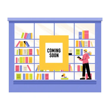 A bookstore window display featuring a large glass front. The display showcases shelves filled with colorful book covers. Prominent in the center is a poster announcing a new book release with the words "Coming Soon" in bold letters. On either side of the poster, there are smaller posters highlighting other featured books, creating a vibrant atmosphere. The window is decorated with playful, cartoonish illustrations of books and reading characters, inviting passersby to stop and take a closer look.