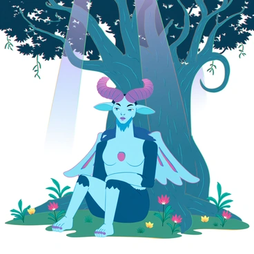 A Baphomet figure with a humanoid body and goat head sits peacefully in a serene posture under a large, ancient tree with thick, gnarled branches. The tree is surrounded by lush, green foliage and small colorful flowers scattered on the forest floor. Soft beams of light filter through the leaves, casting dappled shadows on the ground. The Baphomet has a calm expression, with its wings slightly spread, blending harmoniously with the tranquil atmosphere of the mystical forest.