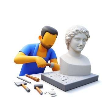 An artist chiseling a block of marble. The artist is focused intently on the marble, holding a chisel in one hand and a mallet in the other. The marble block is large and rectangular, with dust and small chips scattered around the base. The sculpture taking shape is a classical figure, with intricate details emerging from the stone. The artist's expression is one of concentration and passion, surrounded by tools of the trade such as various chisels and brushes. Light casts shadows across the marble, highlighting the contours of the developing sculpture.