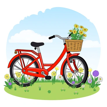 A shiny red bicycle with a classic frame is parked upright on a grassy patch. The field surrounding the bicycle is filled with a variety of blooming wildflowers in vibrant colors, including yellow daisies, purple asters, and white clovers. The sunlight casts a warm glow over the scene, highlighting the delicate petals of the flowers. Above, the sky is clear and blue with a few fluffy white clouds scattered across it. The bicycle's handlebars are adorned with a small woven basket, which is empty and waiting for a fresh bouquet of flowers.