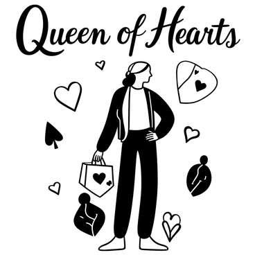 A woman dressed in contemporary fashion stands confidently, surrounded by heart-themed accessories, including a heart-shaped handbag and earrings shaped like playing cards. She wears a stylish outfit that blends modern elements with hints of classic design. The background features abstract heart motifs, subtly integrated into the scene, enhancing the theme. The words "Queen of Hearts" are elegantly displayed above her, complementing the heart-themed accessories.