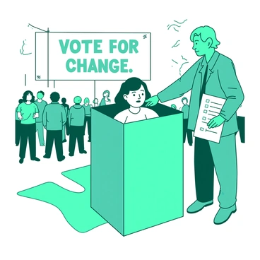 A teal voting booth is set up in a public space, with a person inside it appearing slightly hesitant. The person has a concerned expression as they hold a ballot paper. Next to the booth, another individual with an encouraging posture is gently nudging them with a smile, pointing towards a specific candidate on the ballot. The setting includes a small crowd of onlookers in the background, eager to witness the voting process. A "Vote for Change" banner is displayed above the booth, adding context to the scene.
