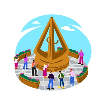 A large, intricately designed sundial stands prominently in a town square. The sundial is made of polished bronze, featuring ornate engravings along its base. Its gnomon, a tall triangular pillar, creates distinct shadows that stretch across the ground. Around the sundial, several townsfolk are gathered, engaged in conversation and glancing at the sundial to discern the time. The cobblestone square is adorned with vibrant flowers in nearby planters, adding splashes of color to the scene. A clear blue sky looms above, completing this lively atmosphere.