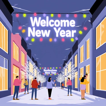 A glowing 'Welcome New Year' sign hanging above a street decorated with lights