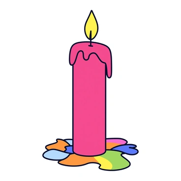 A tall, slender candle with a bright red color is positioned at the center of the image. The candle has a small yellow flame flickering atop it. Colored wax is dripping down the sides of the candle, creating streaks of vibrant orange, blue, and green. The melted wax collects at the base, forming a pool of mixed hues that blend together into a kaleidoscope of colors. The background is a simple white surface to highlight the colorful wax.