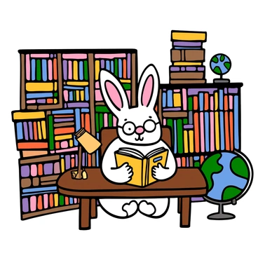 A studious rabbit with soft white fur and large, expressive eyes is sitting at a wooden table in a cozy library. The rabbit is wearing round glasses perched on its nose and is intently reading a thick book with colorful illustrations. Surrounding the rabbit are towering bookshelves filled with countless books of various sizes and colors, creating a whimsical atmosphere. A small desk lamp casts a warm glow over the table, illuminating the pages of the book. In the background, there are more bookshelves and a large globe on a nearby stand.