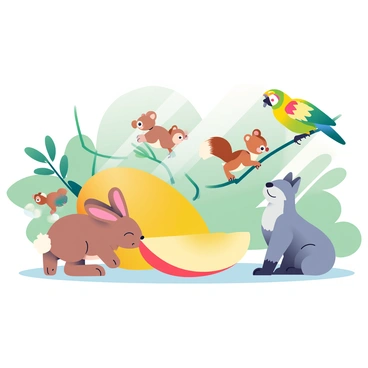 A group of various animals is gathered around a large, fallen mango on the forest floor. A small brown rabbit with long ears is sniffing curiously at the mango, while a colorful parrot with green and yellow feathers is perched on a nearby branch, watching intently. A couple of squirrels with bushy tails are playfully chasing each other in the background, occasionally glancing at the mango. A sleek, gray fox is sitting nearby with a relaxed posture, observing the scene. The forest is lush with green foliage and soft sunlight filters through the leaves, creating gentle patterns on the ground.