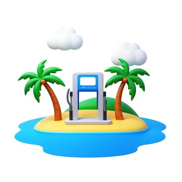 A 3D icon of an EV charging station located on a remote island. The station is designed with modern features and is set against a backdrop of lush green palm trees. The surrounding area showcases clear blue waters, reflecting the sunlight. The scene includes a bright sky with a few fluffy white clouds, enhancing the tropical ambiance. The charging station is prominently displayed, illustrating its purpose clearly.