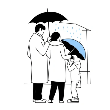 A group of individuals standing closely together at a bus stop, each holding an umbrella. One person, a man wearing a long coat, has a black umbrella tilted slightly to protect himself from the rain. Beside him, a woman in a raincoat is adjusting her blue umbrella, while a child wearing a hooded rain jacket is peeking out from underneath. The ground is wet, with puddles reflecting their silhouettes. The bus stop shelter is partially visible in the background, showcasing a rainy scene.