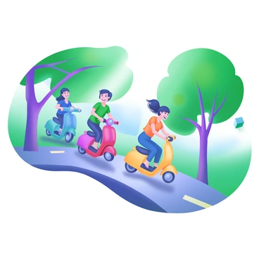 A vibrant scene depicting a group of friends racing on scooters down a tree-lined avenue. Each friend is riding a different colored scooter, including bright blue, sparkling red, and sunny yellow. The trees lining the avenue are lush and green, with sunlight filtering through the leaves, creating dappled shadows on the path. The friends are smiling and laughing, their hair blowing in the wind as they speed along. In the background, subtle hints of a clear blue sky can be seen peeking through the branches.