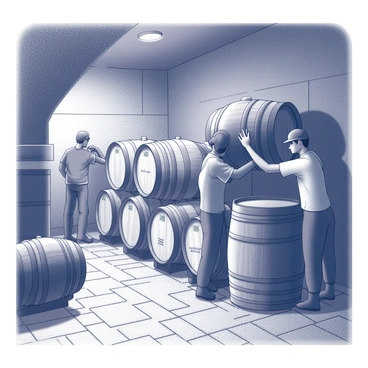 A wine cellar filled with wooden barrels of varying sizes stacked neatly against the stone walls. The floor is made of worn cobblestones, adding to the rustic ambiance. Several workers are present, each dressed in work clothes, actively engaged in stacking the barrels. One worker is lifting a heavy barrel with both hands, while another is steadying it as it is placed on top of a stack. The dim light from overhead bulbs casts soft shadows, creating a dramatic effect in the otherwise dark space. "Wine cellar" is faintly visible on one of the barrel labels.