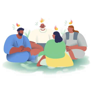 A group of five people is gathered in a circle, each person with a small flame hovering above their head, symbolizing the Holy Spirit. The individuals are of diverse ethnic backgrounds; one has dark curly hair, another is bald with a light beard, and a third has long straight hair. They are dressed in a variety of clothing styles, including a blue robe, a white shirt, a green sweater, a gray tunic, and a yellow dress. The flames above their heads are vibrant shades of orange and yellow, gently flickering. The setting is outdoors, with soft greenery in the background, creating a sense of tranquility and unity.