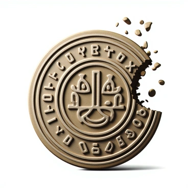 An ancient emblem with intricate designs and a weathered surface. The emblem features symbols and patterns that suggest a rich history, showcasing a sense of age and wear. It is partially intact, with visible cracks and faded colors. Fragments of the emblem are breaking away, swirling gently in the wind, creating a sense of movement and change. The background is a soft, blurred landscape that emphasizes the emblem's delicate nature as it disintegrates.