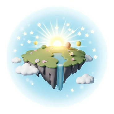 A floating island, covered in lush green grass and colorful flowers, hovers in the bright blue sky. The island features rugged cliffs on its edges and a small waterfall cascading down into the clouds below. Surrounding the island are swirling "star spren," glowing delicate, ethereal beings that emit a soft light, twinkling like stars as they dance in the air. The scene is illuminated by a warm and radiant sunlight, adding a magical quality to the atmosphere.