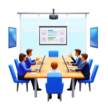 A modern conference room with a large rectangular table. Several professionals in business attire are seated around the table, actively engaged in discussions. A digital projector is mounted on the ceiling, displaying relevant presentation slides on a screen. Large windows allow natural light to illuminate the space, and contemporary artwork hangs on the walls. There are laptops and notepads in front of the participants, and some individuals are taking notes while others are gesturing as they speak.