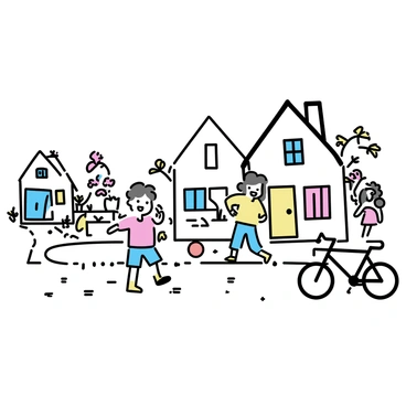 A quaint village with charming houses, featuring white walls and colorful shutters. The streets are lined with cobblestones, and several children are playing joyfully. One child with curly hair is kicking a red ball, while another child is skipping rope nearby. A third child is riding a bicycle along the path, smiling. The houses have small gardens filled with blooming flowers.