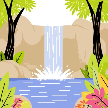 A waterfall cascading from a rocky cliff into a clear blue pool below. The water splashes gently as it hits the surface, creating ripples. Surrounding the pool, there are various vibrant rainforest plants with large green leaves and colorful flowers. Tall trees with thick trunks and intricate branches frame the scene, while patches of sunlight filter through the foliage, creating highlights on the water's surface.