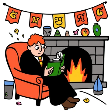 A light-skinned boy with red hair is sitting on a cozy armchair in the Gryffindor common room, near a roaring fireplace. He has big eyes and is focused on a large magical book open on his lap. He is wearing a Hogwarts uniform, consisting of a black robe and a striped tie in red and gold. The warm glow from the fireplace casts a soft light around him, illuminating the rich textures of the room's furniture and the colorful Gryffindor banners hanging on the walls. Various magical objects are scattered around the room, adding to the enchanting atmosphere.