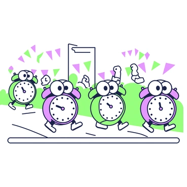 A group of alarm clocks with little legs is racing against each other on a track. Each alarm clock has a different color casing, with a prominent face displaying numbers and two large, expressive eyes on top. The clocks have tiny, cartoonish legs that show them in mid-stride, creating a sense of motion. Some clocks are leaning forward, while others are slightly behind, all showing varying expressions of determination. In the background, there are colorful flags marking the finish line, and a cheering crowd of small, animated objects is visible.