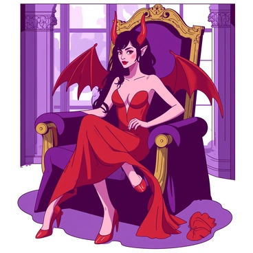 A red succubus is seated on a large, ornate throne that is embellished with intricate gold detailing. The throne is upholstered in deep purple velvet, accentuating the succubus's regal presence. She has pointed ears and long, flowing black hair cascading down her shoulders. Her eyes glow with an alluring intensity, and her wings are elegantly folded behind her. The throne is positioned in a grand hall, with opulent decorations and soft, ambient lighting enhancing the atmosphere of authority around her.