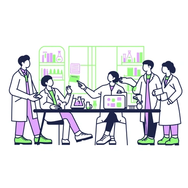 A group of four researchers is gathered around a large table filled with various lab equipment. One researcher, wearing a lab coat, is pointing at a document while another researcher, holding a clipboard, listens attentively. On the table, there are several beakers and flasks filled with colorful liquids, as well as microscopes and a laptop displaying graphs. In the background, there are shelves lined with scientific books and additional lab tools. A window allows natural light to illuminate the scene, enhancing the focus on the researchers' engaged discussion.