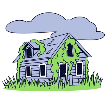 An old, abandoned house with peeling gray paint and broken windows. The house is covered in thick green vines that twist around the walls and roof. Tall, wild grass grows around the base of the house, adding to the sense of neglect. Above, a shadowy and overcast sky looms, with dark clouds that stretch across the horizon. The scene conveys a feeling of stillness and desolation.