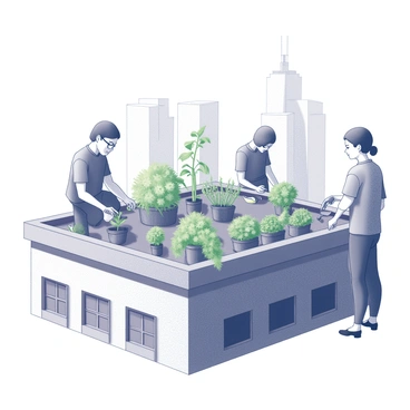 A rooftop garden situated atop a tall building in an urban environment. Several individuals are actively tending to a variety of plants, including flowers, herbs, and small shrubs. One person is kneeling, gently watering a potted plant, while another is using a trowel to dig into the soil. A third person stands nearby, inspecting the growth of a leafy plant. The background features the silhouettes of city skyscrapers and a clear sky above. The scene illustrates the contrast between green plant life and the surrounding concrete structures.