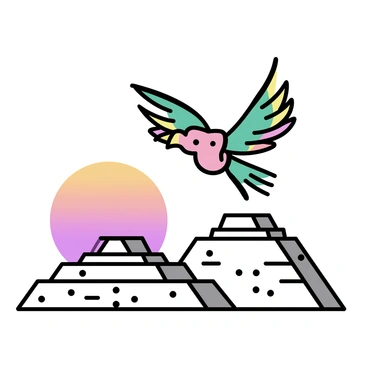 A large, colorful Quetzalcoatl, depicted with vibrant green and red feathers, is soaring gracefully above ancient pyramids. The pyramids, with their stepped structures and stone textures, are arranged in the foreground. In the background, the sun is setting, casting warm orange and purple hues across the sky, creating a dramatic contrast with the silhouette of the pyramids.